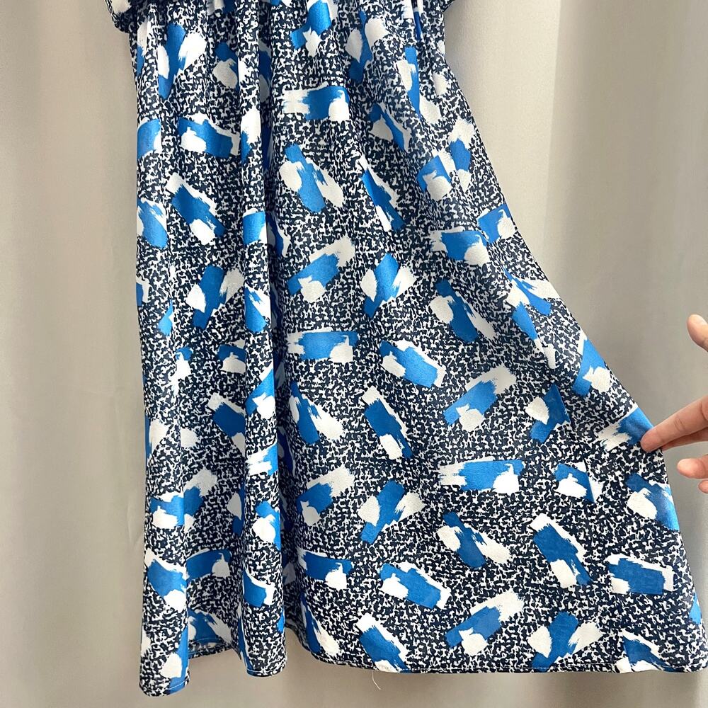 VINTAGE LARGE 90's Blue Abstract Day Dress Midi Peter Pan Collar Short Sleeve - Picture 5 of 8